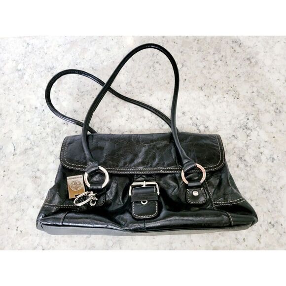 Giani Bernini Black Leather Bag Purse White Stitching‎ Silver Hardware Vintage - Picture 1 of 16